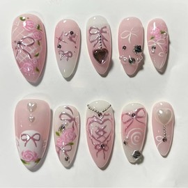 24Pcs Almond Press on Nails Medium Luxury Pink Fake Nails with 3D Heart Pearl Star Rhinestones Gems Designs White Gradient Bow Rose Flower Stick on Nails Full Cover Glue on Nails for Women