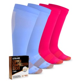 Doctor's Select Copper Plus Size Compression Socks Wide Calf - 2 Pairs | Up to 6XL | 20-30mmHg | Blue and Pink | Compression Socks for Women Wide Calf 3XL