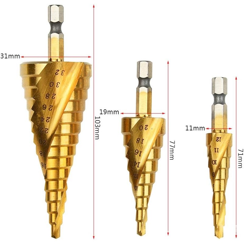 ZAFAYA HSS Step Drill Bit Spiral Flute 3-Piece Set 4-12mm/4-20mm/4-32mm,