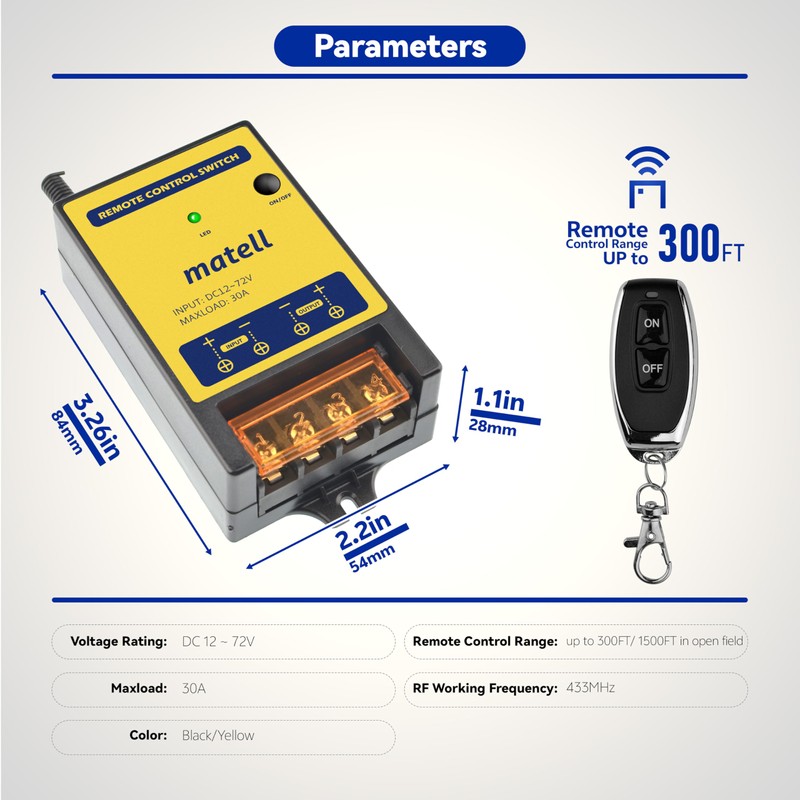 matell Wireless Remote Control Switch DC 12V/24V/48V/72V 30A Dry Contact