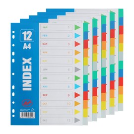 Fililogor A4 File Dividers 1-12 Part, 5 Pack A4 Folder Dividers, Multi-Colour Index Dividers for Lever Arch Files, Plastic Binder Dividers with 11-Holes (5 Pack)