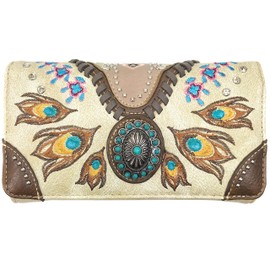 Zelris Turquoise Concho Peacock Feather Women Crossbody Wrist Trifold Wallet (Beige)