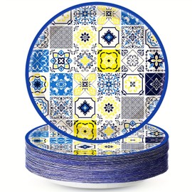 50PCS Capri Lemon Party Supplies 7"Capri Lemon Paper Plates Blue Tiles Yellow Lemon Party Plates Vintage Capri Plates Summer Citrus Fruit Paper Plates for Summer Birthday Lemons Party Decor (Capri)