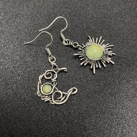 ANDPAI Unique Chic Abstract Hollow Black Vintage Silver Asymmetry Moon Star Sun Dangle Drop Earrings Black Moonstone Moon Hypoallergenic Earrings for Women Statement Jewelry Gifts (Light Yellow Green)