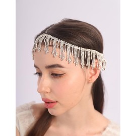 Teyglen Boho Forehead Crystal Head Chain Sparkly Head Jewelry Wedding Rhinestone Head Chain Silver Headpiece Costume Hair Accessories for Women (Silver)