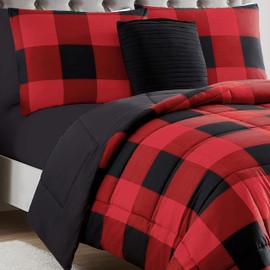 7 Piece Comforter Set Bag Solid Color All Season Soft Down Alternative Blanket & Luxurious Microfiber Bed Sheets, Queen, Buffalo Plaid Burgundy/Black/Black Sheet