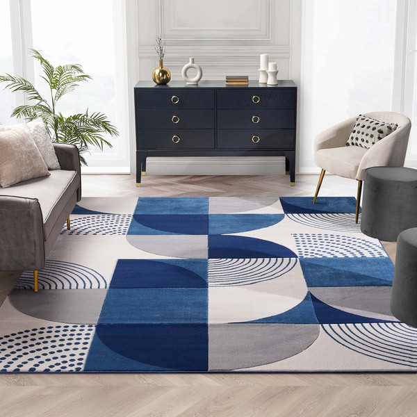 Well Woven Maggie Blue Modern Geometric Dots & Boxes Pattern Area Rug (5'3" x 7'3")