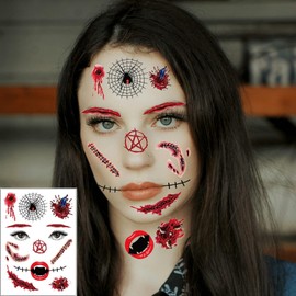 10 Pcs Hallowen Temporary Tattoos Scary Fake Scars Blood Wounds Makeup Kit,Day of The Dead Glow in The Dark Face Stickers for Kids Women Men