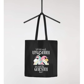 Moonworks® Jute Bag with German Text "Ich hab mich umgesehen wir sind die geilsten hier Flamingo Unicorn" Cotton Bag with 2 Long Handles Black