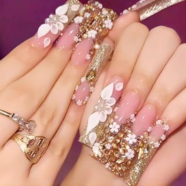 Square Press on Nails Long Fake Nails White 5D Flower Rhinestones Design Golden Glitter Glue on Nails Extra Long Square Nails Press ons French Tip False Nails Artificial Stick on Nails for Women 24Pcs