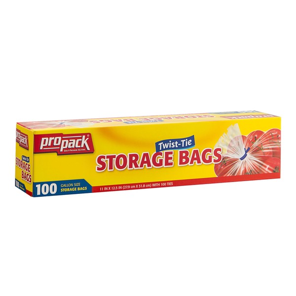 ProPack Disposable Plastic Storage Bags with Original Twist Tie, 1 Gallon Size, 100 Bags, Great for Home, Office, Vacation, Traveling, Sandwich, Fruits, Nuts, Cake, Cookies, Or Any Snacks (1 Packs)