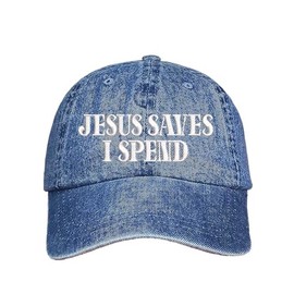 DSY Lifestyle Jesus Saves I Spend Embroidered Baseball Hat (US, Alpha, One Size, Light Denim)