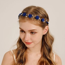 BERYUAN Bridal Blue Flower Rhinestone Hair Vine Pearls Wedding Headband Handmade Rhinestone Headpiece Elegant Flowers Hair Vine Wedding Hair Accessories for Women