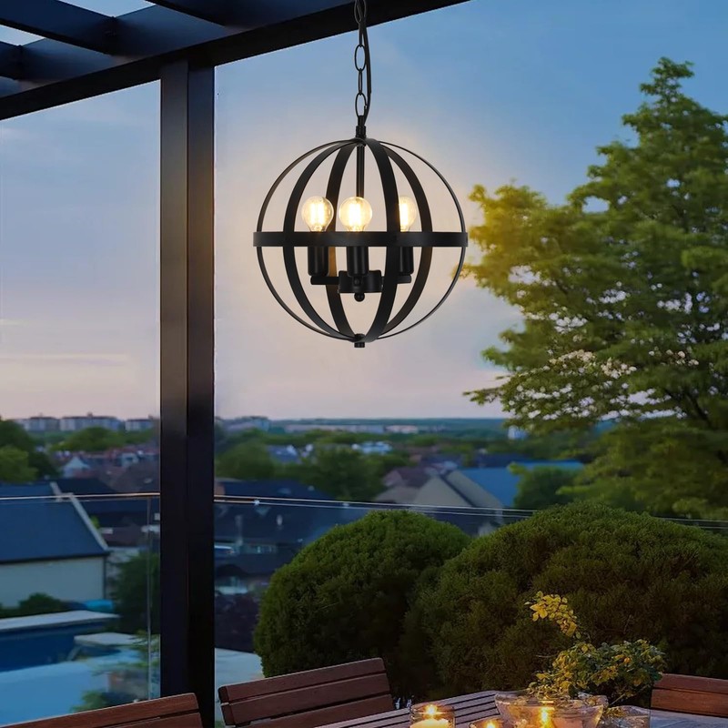 MOUFIER Solar Pendant Light,3-Light Globe Outdoor/Indoor Solar Chandelier,Black Metal Orb