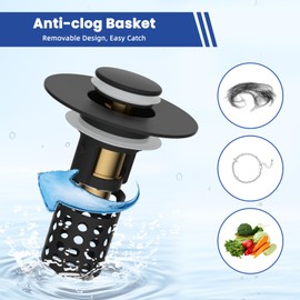 Hygie Rinse Upgraded 3 in 1 Bathroom Sink Stopper 2PCS Universal Pop Up Sink Drain Strainer, with Removable Stainless Steel Filter Basket Hair Catcher, for 1.1''~2.36'' Sink Basin Hole, Matteblack