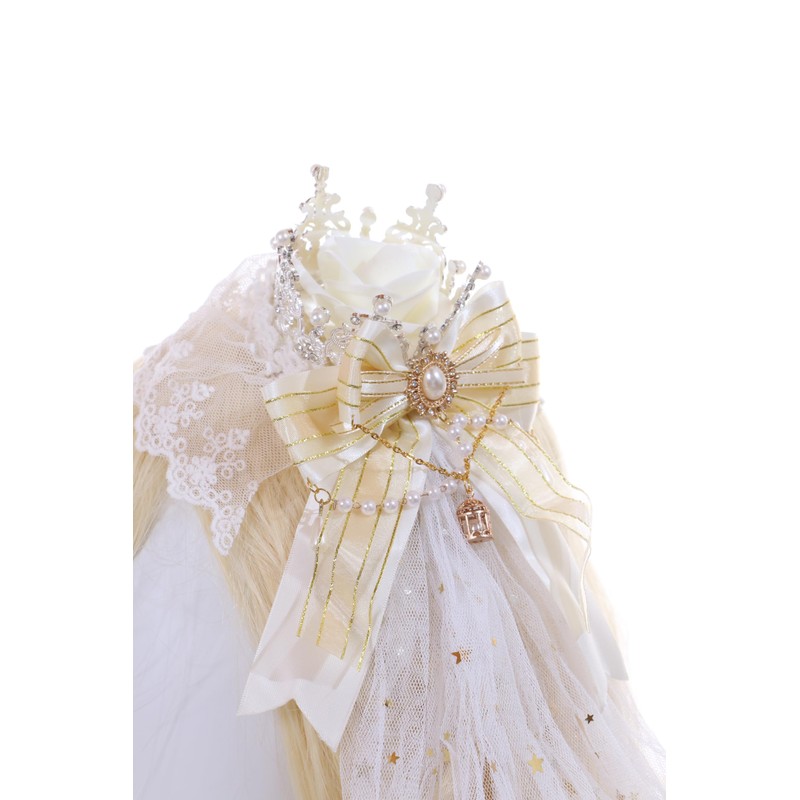 C-105-3 White Veil Gold Crown Red Rose Bow Lace Ruffle