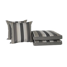 Suntastic Sundeck Stripe Outdoor/Indoor 4-Piece Deluxe Dining Cushion and Pillow Set for Patio Furniture, Natural Grey