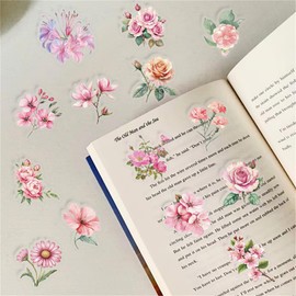 50Pcs Transparent Pink Flower Stickers for Scrapbooking PET Nature Plant Floral Stickers Vintage Craft Sticker Colorful Small Flower Sticker for Journaling Scrapbooking Clear Flowers Decals (P)