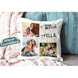 PfotenSchild Dog Cushion with Filling - Photo Collage - Four Legged Friends - Design Yourself with Three Photos - Gift for Dog Owners - White 40 x 40 cm