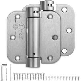 PTSOC Self-Closing Spring Loaded Door Hinges 3.5 Inch - Adjustable Tension for Garage/Front/Back/Indoor Doors, UL Listed Left & Right Hand Hinge, 5/8'' Radius Corners, Satin Nickel (2 Pack)