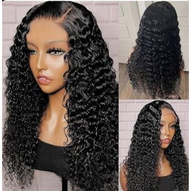Glueless Curly Wigs Human Hair Pre Plucked Pre Cut Deep Wave Lace Front Wigs 4X4 HD Lace Closure Wig for Women Wear and Go Glueless Wigs Precut Lace Human Hair(24 inch Natural Color)