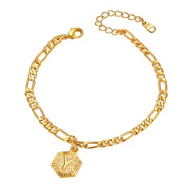 Focalook Women's Anklet, 18 Carat Yellow Gold-Plated, Letter Anklet, 22 cm, 4.5 mm, Figaro Chain with Hexagon Pendant, Ankle Bracelet, Summer, Beach, Foot Jewellery, Trendy Accessory, Great Gift, Gold-plated (no engraving), Y