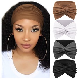 DRESHOW Paquete de 4 diademas de turbante para mujer, anchas y clásico, anudadas, lindas bandas para el cabello