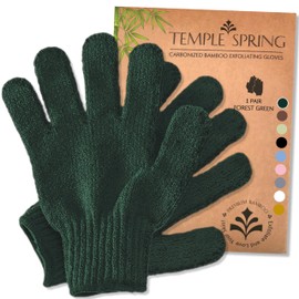 Temple Spring Exfoliating Gloves - Bamboo Bath/Shower Gloves, Bath Gloves for Shower Exfoliating and Ingrown Hair/Dead Skin Remover - Exfoliator Mitt Scrub Gloves - Forest Green