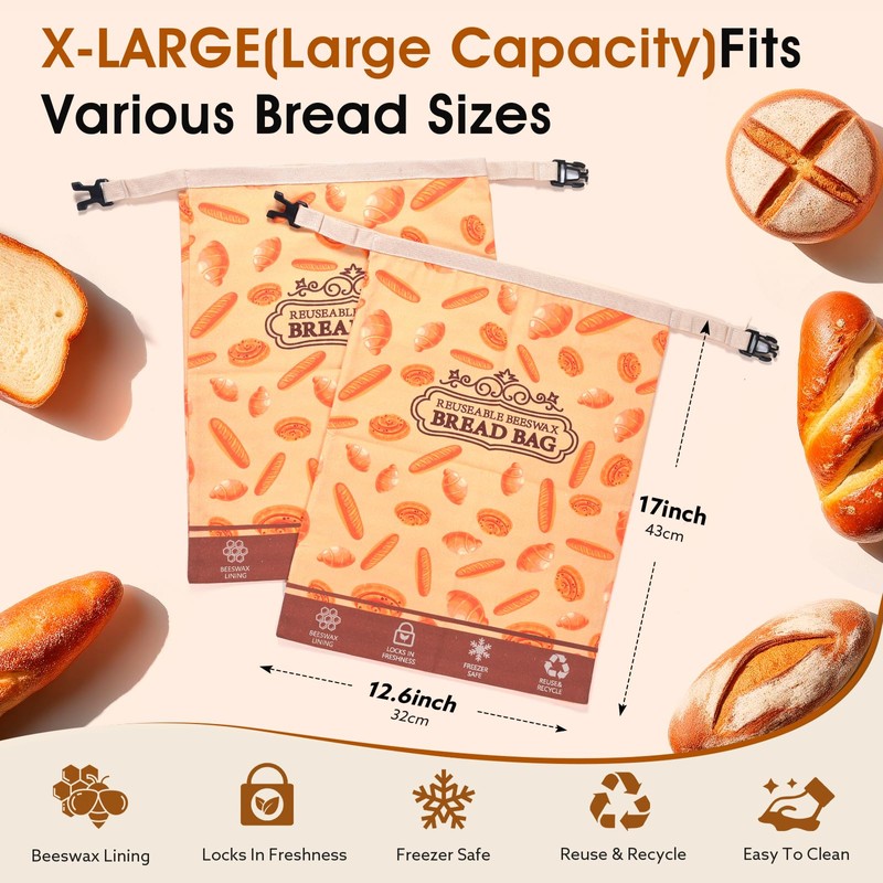 2 Pack Beeswax Bread Bags for Sourdough Homemade Bread, XL