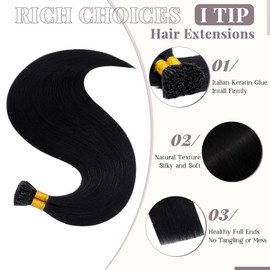 18 Inches I Tip Remy Human Hair Extensions 100 Strands/Pack Pre Bonded Keratin Stick In Hair Extensions Cold Fusion Hair Piece Long Straight For Women #1 Jet Black 18'' 50g