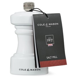 Cole & Mason Hoxton Salt Mill - Table Salt Grinder - Refillable Sea Salt Grinder - Kitchen & Home Accessory - Salt Mill with Ceramic Mechanism - 4'', White Gloss