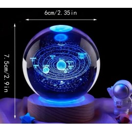 Crystal Ball 3D Etched Solar System Blue LED Glass Light Wood Base USB Power NEW