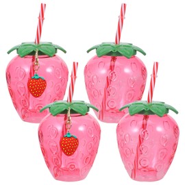 MAGICLULU 4 Strawberry Drinking Cups, Strawberry Cups with Lid and Straw, Cute Water Bottle with Strawberry Pendant, Cute Berry Cups, Drinking Cups for Hawaiian Summer Party