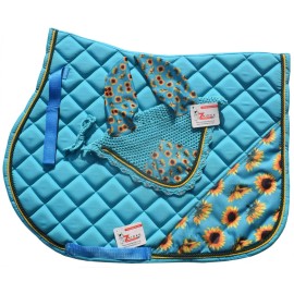 ZAINEE SPORTS SUNFLOWER ENGLISH SADDLE PAD SET FLY VEIL HORSE EAR NET BONNET ZAINEE SPORTS - HORSE / FULL, TEAL