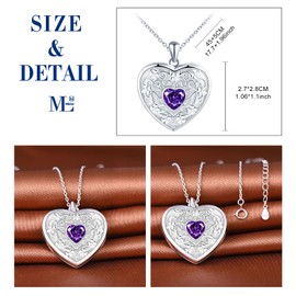 MicLee Heart Locket Necklaces for Women Girl 925 Sterling Silver Memory Lockets Pendants Creative Flower Engraving Photo Necklace with Purple Zircon
