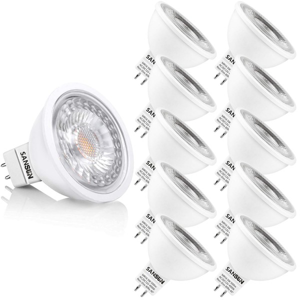 SANSUN 5W MR16 LED Bulbs, 12V 50W Replacement, GU5.3 Bi-Pin Base, Daylight White 4000K, Non-Dimmable, (Pack of 10)