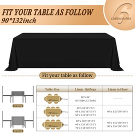 Pesonlook 6Pack Black Polyester Tablecloths for 8ft Rectangle Tables, 90 x 132 Inch Polyester Table Cover Wrinkle Resistant Washable Table Cloth for Wedding Reception Banquet Party