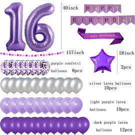 yujiaonly 16th Birthday Party Decorations Purple Happy Birthday Paper Banner Purple 40inch Number 16 Happy birthday Sash Latex and Confetti Balloons Perfect for 16 Years Old Party Supplies Balloons Number 16 Purple