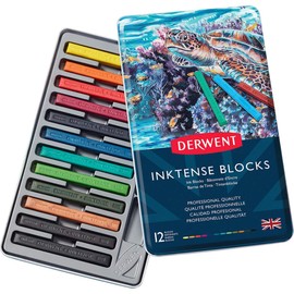 Derwent Inktense Bloques de 12 latas, juego de 12, bloque de 8 mm, textura suave, soluble en agua, ideal para acuarela, dibujo, colorear, manualidades y pintura en papel y tela, calidad profesional (2300442)