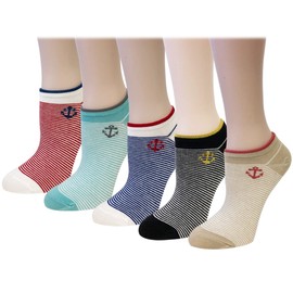Bowbear Womens 5-Pair Low Cut No Show Ankle Socks, Nautical