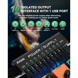 RVONE Guitar Pedal Power Supply, 10 Isolated DC Output for 9V/12V/18V Effect Pedal, Circuit Protection, Noise Reduction, 100mA 500mA USB Pedalboard Power Supply