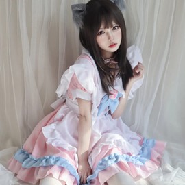 Formemory Maid Costume, Cosplay, Cute Lolita Costume, Ribbon, Princess Dress, Gothic Lolita Dress, Large Size, Pink, Women's Maid Outfit, Cute Bowknot Ribbon, Cat Claw Pattern, Gothic Style, Dress
