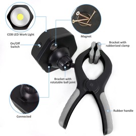 POWERFIREFLY 250 Lumens COB LED Clamp Light, Magnetic, Rotatable Grill Light, Black