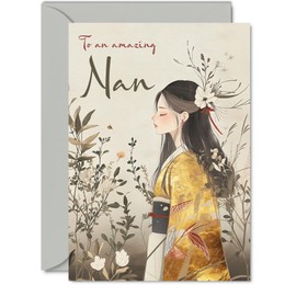 Nan Birthday Card - Gold Geisha Girl - Beautiful Happy Birthday Card for Nan from Granddaughter Grandson, A5 Female Oriental Bday Golden Greeting Cards