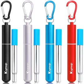 Kynup 4Packs Reusable Straws, Metal Straw with Silicon, Travel Drinking Straws with Metal Case, Keychain, Cleaning Brushes, Silicon Pcs Perfect for Travel, Gifts (20 PCS) Blue-Black- Red-Silver