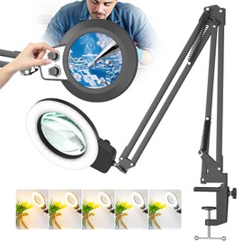 HITTI 12X Long Magnifying Glass with Light, 2025 Upgrade Infinite Color and Brightness LED Magnifying Lamp with Clamp, Hands Free Magnifier Light and Stand for Workbench Crafts Reading Painting