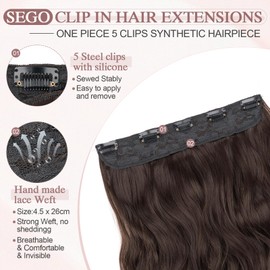 SEGO 3/4 Full Head Clip in Hair Extensions Long Wavy Synthetic Hairpiece 24 Inch One Piece Clip In Hairpiece With 5 Secure Clips, Dark Brown