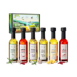 Kiri & Sons Olive Oil Gourmet Sampler Gift Set of 6 - Premium Extra-Virgin Blend Olive Oil Made In Spain, Natural Flavors Include Herbs, Chili, Spice, Rosemary, Tuscan & Lemon - Gifts for Her, Him