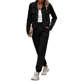 PRETTYGARDEN Womens Two Piece Sets Fall 2025 Long Sleeve Button Down Shacket Jacket Long Sweatpants Tracksuit Winter Clothes (Black,X-Large)