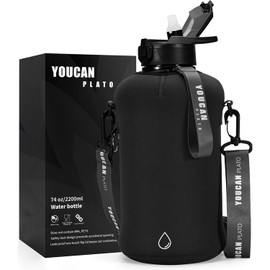 Youcan Plato Trinkflasche 2l Mit Strohhalm und Ärmel,Wasserflasche 2 Liter,2 liter Trinkflasche Sport,Gym Flasche, Fitness Gallon Water Bottle,Trinkflasche BPA Frei,Flasche Für Kohlensäure